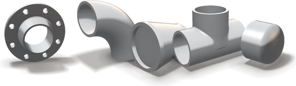 Weld neck flange, long radius elbow, reducer, tee and pipe cap